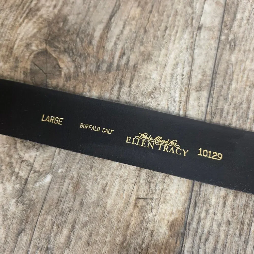 VINT Black Buffalo Calf Waist Leather Belt Gold Buckle Linda Allard Ellen Tracy